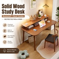 Bureau d'étude et bibliothèque intégrés en bois massif de caoutchouc, durable, minimaliste, compact et peu encombrant, idéal pour la maison et les étudiants.