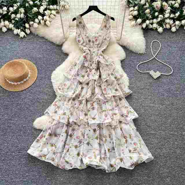 Women's Floral Print Chiffon Tiered Maxi Dress Sleeveless V Neck With Ruffled Vacation Dress