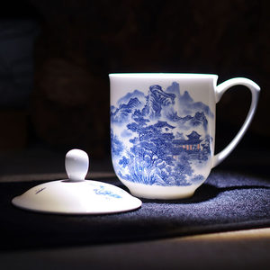 Tasse à thé en porcelaine bleue et blanche de Jingdezhen avec poignée et couvercle, pour usage en conférence/bureau, logo personnalisé imprimé, modèle B10-20 - Product Image 6