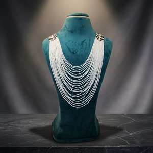 Sstringz White Multi-Strand Seed Bead <b>Statement</b> <b>Necklace</b> with Black Geometric Accents Handmade Tribal Boho Layered Bib Jewelry - Product Image 5