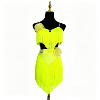 Robe de danse latine jaune néon personnalisée pour filles, avec franges et pompons, costume de compétition de salsa, tenue de danse latine, ensemble de robe
