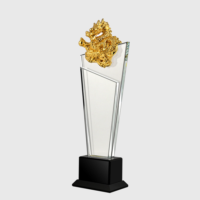 Shining Customized New Design Colorful Glass Dragon Trophy Award Gold Dragon Award Business Gift Souvenir