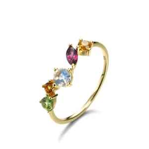 925 Sterling Silver Gemstone Hammered Gold Multi Natural Multi Color Treasure Rainbow Moonstone Ring Bijoux En Argent Bagues
