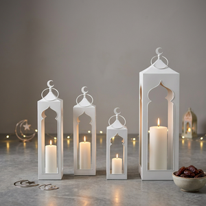 Lanternes à bougies en métal de forme mosquée, couleur blanche, dernières nouveautés des fabricants, pour la décoration des fêtes d'Iftar du Ramadan - Product Image 6