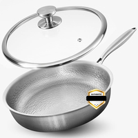 Poêle à frire de luxe OEM de 12 pouces en titane martelé, poêle en acier inoxydable sans rivets, poignée détachable, compatible induction, couvercle en verre