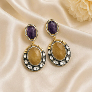 Pendientes de Lujo con Amatista y Cuarzo Amarillo, Diseño Artesanal con Borde Kundan Antiguo, Plata 925, Pendientes de Boda, Venta al Por Mayor B2B - Product Image 1