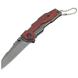 Couteau EDC de survie de camping pliant à poche cadeau avec poignée en bois gravable avec porte-clés