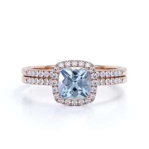 925 Sterling Silver Aquamarine Diamond Halo Engagement <b>Wedding</b> <b>Ring</b> Classic <b>Cushion</b> Cut Prong Setting Fine Silver <b>Ring</b> - Product Image 1