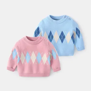 Diamond Jacquard Sweater Bayi Gaya Inggris, Pakaian Rajut Hangat Musim Dingin Anak-anak