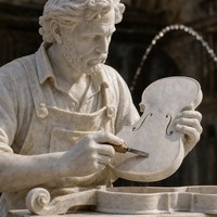 Fontaine de jardin en marbre sculptée à la main avec statue de luthier et deux becs de cygne, bassin à trou en F pour violon, pour l'aménagement paysager de villas et de terres de famille