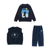Ensemble de vêtements pour enfants YOEHYAUL N7774 OEM ODM, pull en tricot personnalisé, gilet en jacquard à motif d'éléphant pour garçons, jeans, ensemble 3 pièces, vêtements pour jeunes, vente en gros