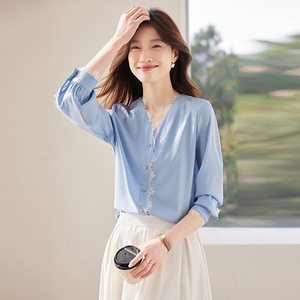 Lace Trimmed Women's Shirt Long Sleeve <b>Satin</b> <b>Blouse</b> Solid Color Everyday Wear - Product Image 1