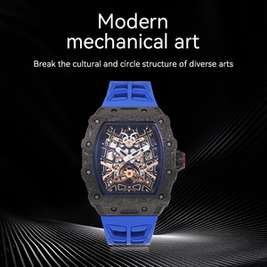 Mode ultradunne mechanische horloge met skeletwijzerplaat van koolstofvezel, saffierkristal, 3ATM waterdicht, blauwe rubberen band, herenhorloge - Product Image 2