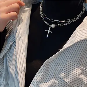 Versand bereit Schmuck Silber platte Kette Kristall Kreuz Anhänger Choker Halskette