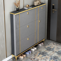 Meuble à chaussures modulaire fin en bois massif avec cadre doré de luxe personnalisé, panneau cannelé blanc pour entrée étroite et rangement de couloir