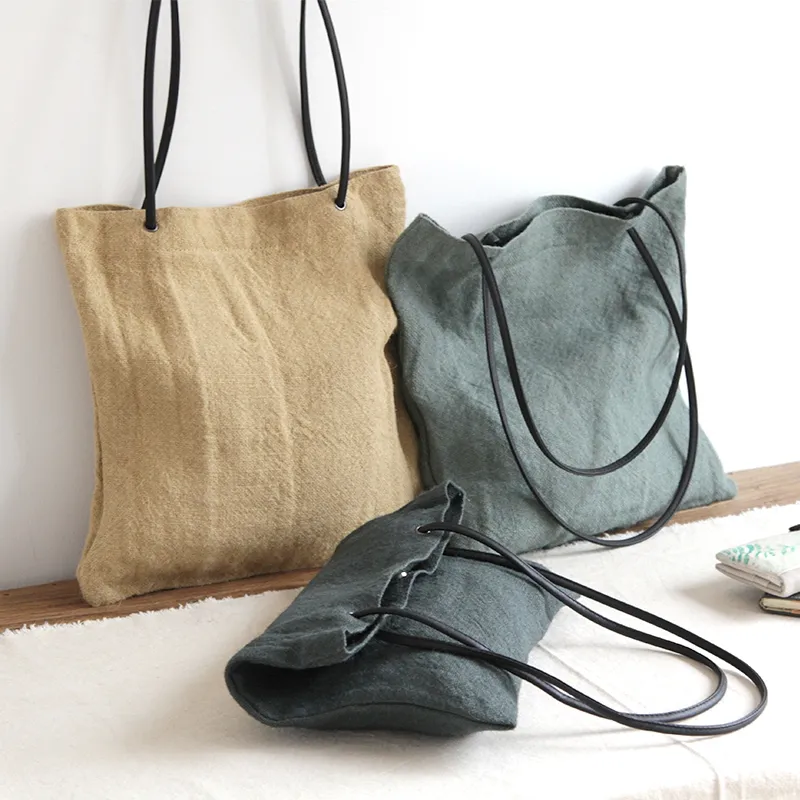 विंटेज प्राकृतिक पर्यावरण के अनुकूल कैनवास कंधे बैग कपास लिनन चमड़े संभाल के साथ बैग ले जाना