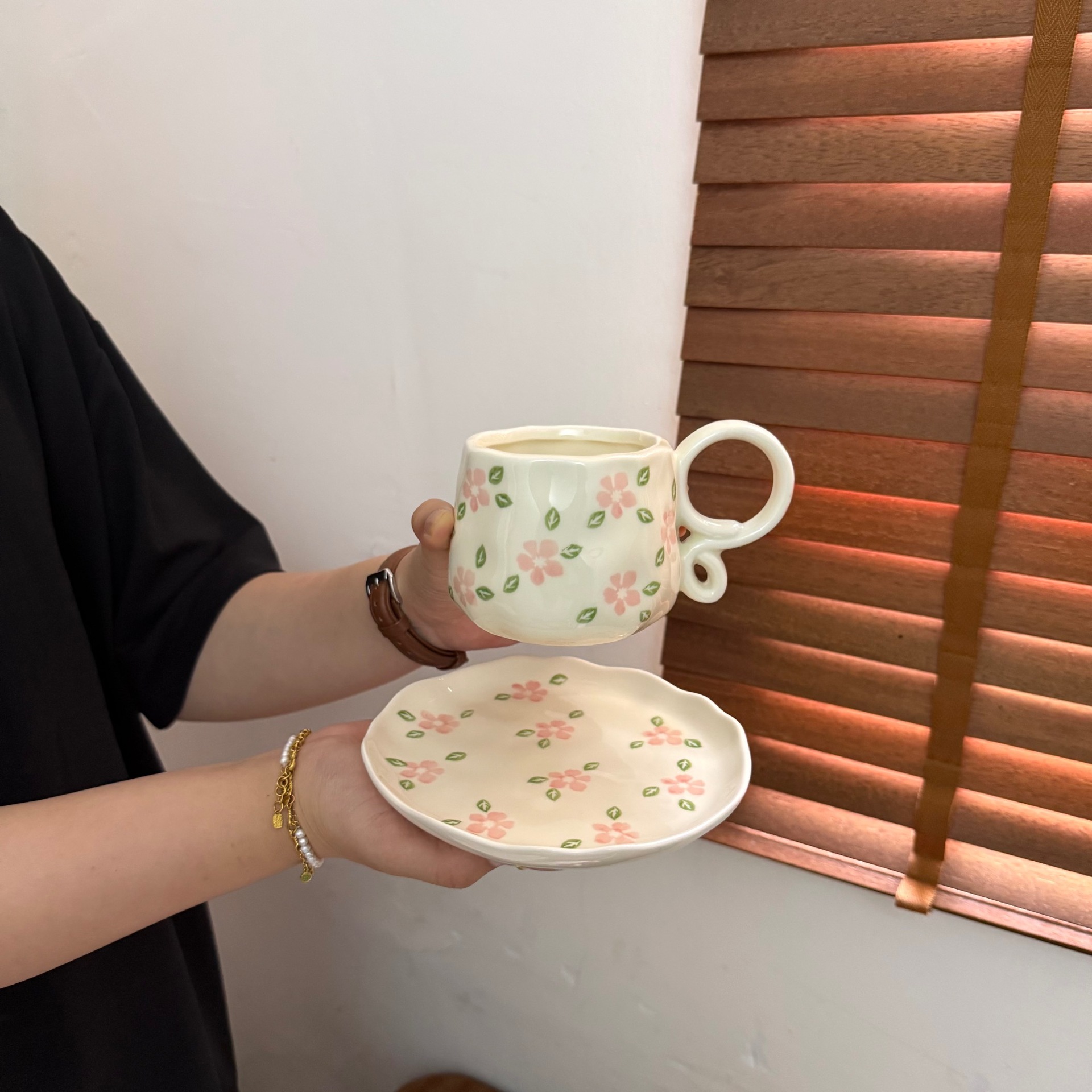 Pink cherry blossom cup-270ml dish-16cm