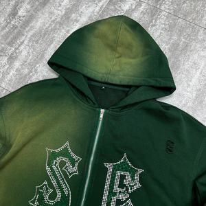 Sudadera con Capucha de Diseño, Estilo Desgastado, con Estampado, Sudadera Extra Grande con Cremallera, Felpa Francesa, con Pedrería, Lavado Ácido - Product Image 3