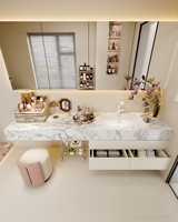 XINGRUO Meja Rias Kamar Mandi Putih Krim dengan Kabinet Cermin LED Berlapis Marmer, Wastafel Tunggal, Set Meja Rias Mewah Modern