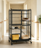 Cage pliable multi-niveaux noire pour chat, avec cadre en fer thermolaqué, roulettes mobiles, conception multi-portes, lit en peluche et grand espace intérieur