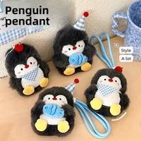 Pendentif en peluche pingouin avec petit poisson, Décoration suspendue en peluche pingouin avec chapeau d'anniversaire, Accessoire de sac porte-clés pingouin