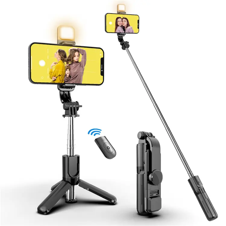 L11S Tripod Mini Tongkat Selfie Logam, Tongkat Selfie Ponsel Monopod Dapat Diperpanjang dengan Cahaya Isi