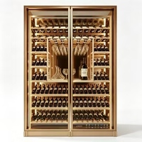 Armoire à vin de luxe dorée champagne à double porte avec éclairage LED intégré, présentoir en verre, pour maison, cuisine, restaurant, bar