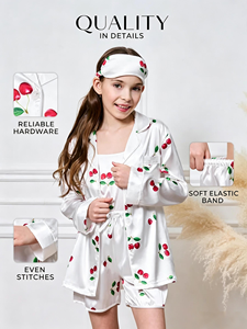 Pijamas <span class=keywords><strong>de</strong></span> Seda Satinada 7 en 1 Personalizadas al por Mayor, con Estampado <span class=keywords><strong>de</strong></span> Cerezas, Antifaz, Pantalones, Shorts, Ropa <span class=keywords><strong>de</strong></span> Dormir y <span class=keywords><strong>de</strong></span> Estar por Casa <span class=keywords><strong>de</strong></span> Marca Privada, Fabricante - Product Image 2