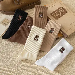 Wholesale Custom Logo Summer Cute Bear Embroidery Brown Women Crew Socks