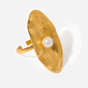 European American 18K Gold Stainless Steel Oval Pearl <b>Open</b> <b>Ring</b> Women Fashion Jewelry Party Geometric Design Bezel Setting - Product Image 1