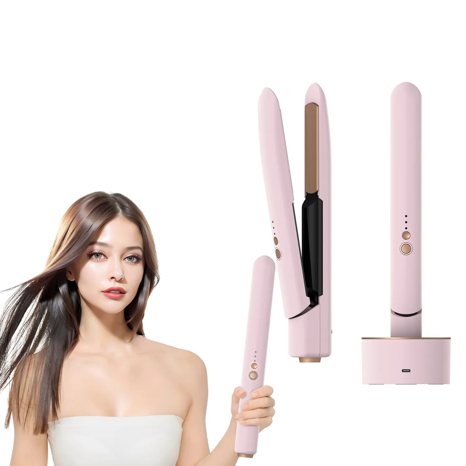 新製品2in1コードレスポータブルフラットアイアンヘアストレートナーOEMカラーポータブル充電式ヘアストレートナー