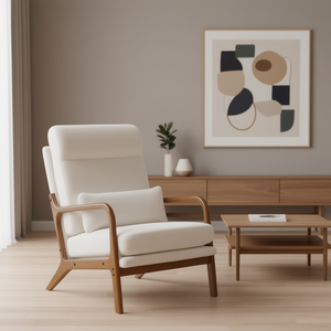 Poltrona Relax in Velluto con Schienale Alto e Braccioli in Legno Massello, Design Moderno Off-White per Soggiorno, Stile Mid-Century - Product Image 2