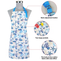 Ensemble de 5 pièces d'accessoires de cuisine à motif océanique : Tablier en coton imperméable sans manches, gants de four anti-brûlure écologiques et protège-ustensiles