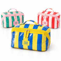 Sac de maquillage de voyage imperméable à double fermeture éclair avec logo personnalisé, rayures, compartiments, ouverture plate, revêtement transparent en PVC, OEM ODM
