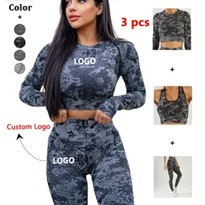 Setelan Pakaian Gym Wanita, Setelan Olahraga Crop 3 Potong Baju Aktif Camo 3 Potong, Baju Olahraga Yoga Tanpa Kelim, Pakaian Gym Mulus, Kustom, Grosir