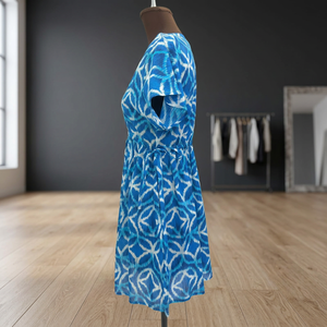 Vestido Casual de Verano para Mujer, al por Mayor, Ecológico, 100% Algodón, Azul, Tejido Estampado, Cuello en V, Manga Corta |   Vestido Mini de Cintura Natural - Product Image 2
