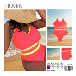 Costume da bagno intero da donna Buonic, a righe rosse e gialle, taglie forti, con scollo a V, per l'estate e la spiaggia - Product Image 3