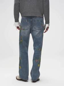 Jeans de Hombre con Bordado Floral, Estilo Urbano Vintage, Holgados, Desgastados, Rotos, Corte Recto, Pantalones de Mezclilla - Product Image 3