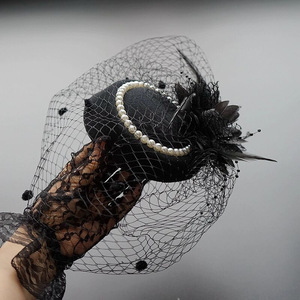 20s 50s Tea Party Hat and Gloves Set Fascinator Hat for Women Funeral Pillbox Cocktail <strong>Headband</strong> with <strong>Veil</strong> - Product Image 1