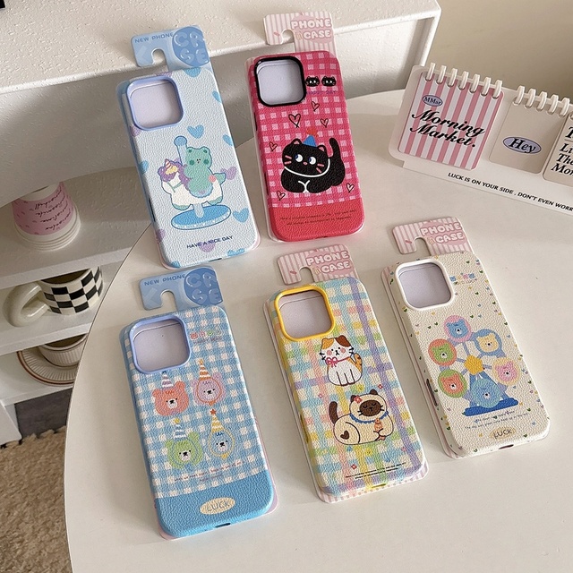 Lychee Grain Leather Cute Design Cartoon Phone Cover for iPhone 16 Pro Max 15 14 13 Girl Protective Shockproof Mobile Phone Case