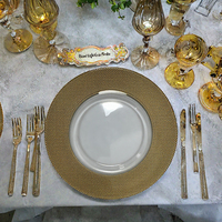 Assiette de présentation ronde en verre avec bord texturé doré, assiette de table de luxe pour mariage, restaurant et décoration de table de fête, vente en gros