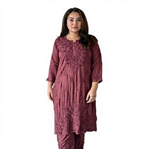 Conjunto de Kurti y Plazo Modal con Bordado 3D de Hilo de Ancla, Estilo Chikankari de Lucknow, Natural, Recto, Veraniego |   Ropa Étnica para Mujer - Product Image 1