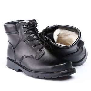 Men's Winter Snow <b>Boots</b> Black Leather Wool Lined Warm Mid-Heel Front Lace Up Waterproof Outdoor Shoes - Product Image 1