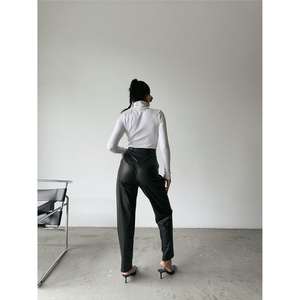 Pantalon en cuir droit taille haute noir en tissu PU pour femme - Product Image 5