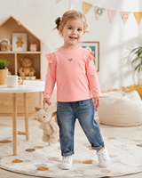 T-shirt à manches longues pour filles, en tissu doux et chaud, motif cœur, bordure en dentelle, haut décontracté mignon pour l'automne