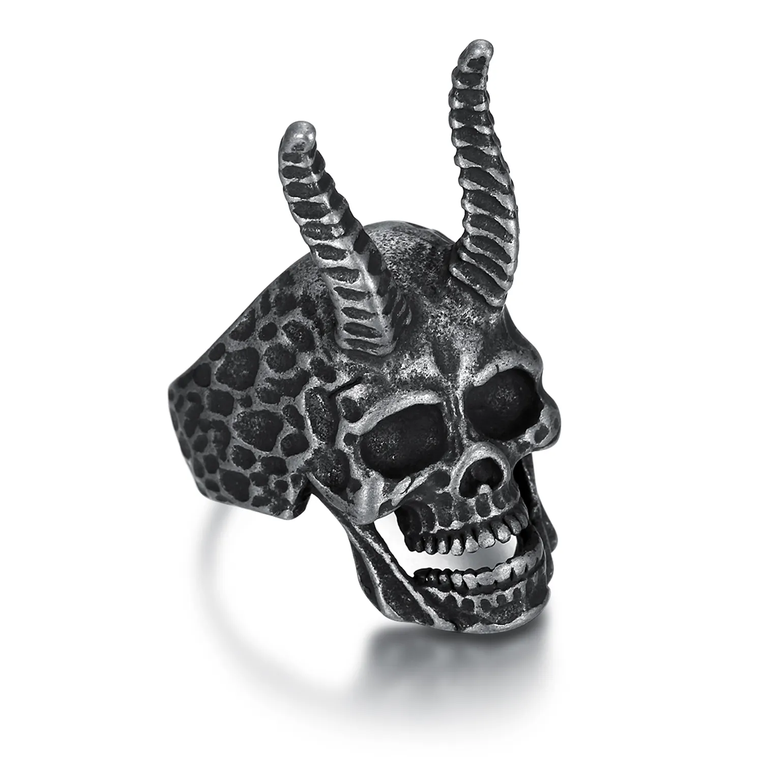vintage black stainless steel mens demon devil skull rings long horn goat animal head rings for men women