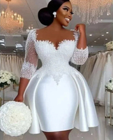 Nouvelle Robe de Mariée Manches Longues, Coupe Princesse, Col en V, Dos Nu, Longueur Genou, Grande Taille, Style Moderne, Ornée de Perles Naturelles
