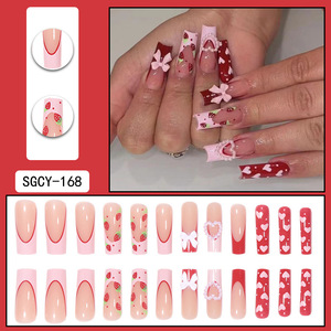 24 <span class=keywords><strong>Uñas</strong></span> Postizas Largas Cuadradas, <span class=keywords><strong>Color</strong></span> <span class=keywords><strong>Blanco</strong></span> Francés, con Lazos Rosados, Perlas <span class=keywords><strong>y</strong></span> Diamantes - Product Image 2