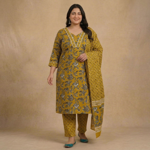 Women Plus Size <b>3</b> Piece <b>Set</b> Floral <b>Print</b> Organic Cotton Long Kurta Pant Dupatta Casual Regular Fit Three Quarter Sleeves L 10XL - Product Image 2