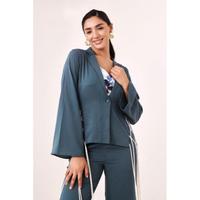 Ensemble pantalon et boléro bleu à lacets pour femme, ensemble coordonné élégant, tenue deux pièces avec détails en dentelle, look tendance, coupe confortable